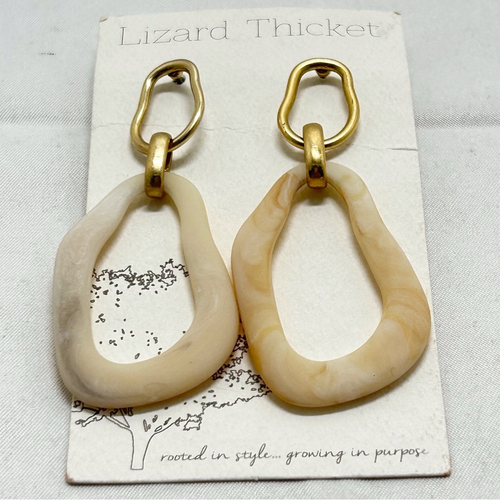 Lizard Thicket, Gold And Marbled White Dangly Earrings, Studs, NOC